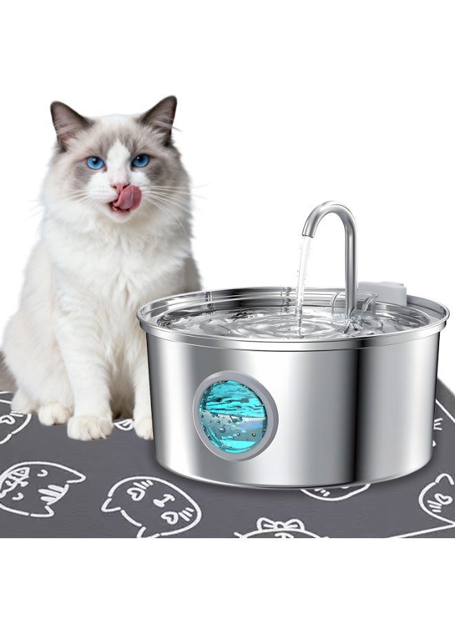 منى للألعاب نافورة ماء للقطط من الفولاذ المقاوم للصدأ بسعة ‎3.2‎ لتر مع نافذة شفافة، نافورة ماء أوتوماتيكية هادئة للحيوانات الأليفة مع فلتر كربوني وحصيرة تجفيف سريعة، مناسبة للقطط والكلاب داخل المنزل - Image 1