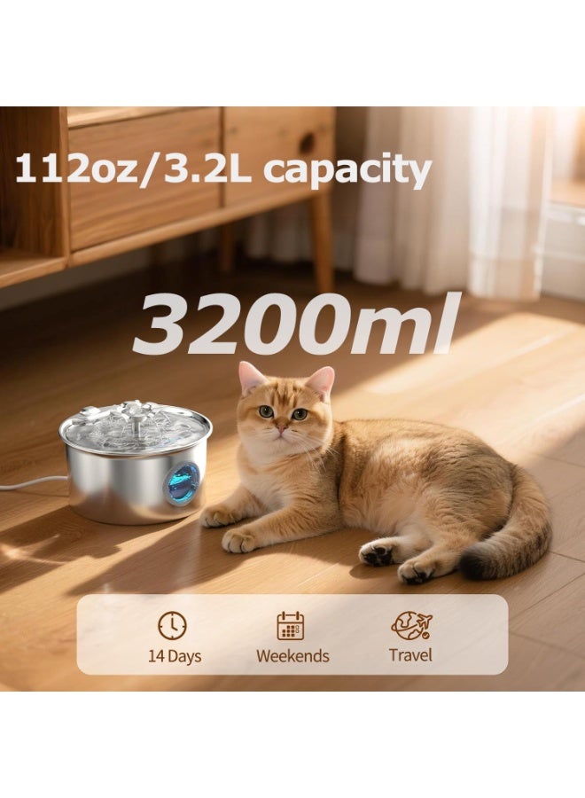 منى للألعاب نافورة ماء للقطط من الفولاذ المقاوم للصدأ بسعة ‎3.2‎ لتر مع نافذة شفافة، نافورة ماء أوتوماتيكية هادئة للحيوانات الأليفة مع فلتر كربوني وحصيرة تجفيف سريعة، مناسبة للقطط والكلاب داخل المنزل - Image 2