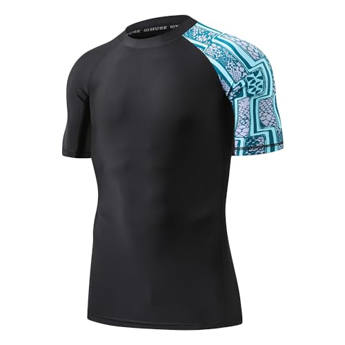 ADOREISM Men's Rash Guard Short Sleeve Quick-Dry UPF 50+ Sun Protection Compression Swim Shirts for Men (Zigzag, M) - Image 1
