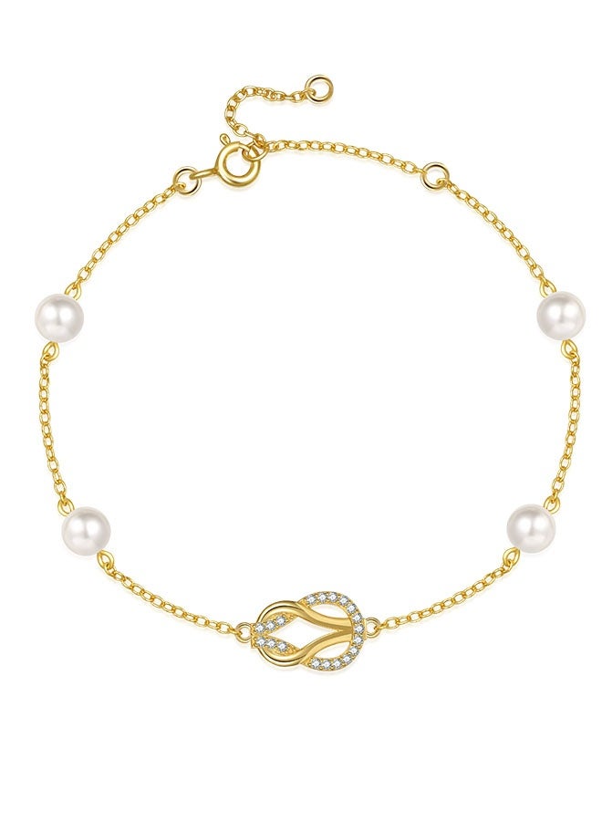 Moonmory 925 Sterling Silver Double Knot Guardian Buckle Bracelet For Women 18K Gold Plated Original Design Simple Pearl Bracelet With Clear Zircon  20CM Adjustable Chain Ramadan, Mother's Day, Valentine's Day Gift - Image 1