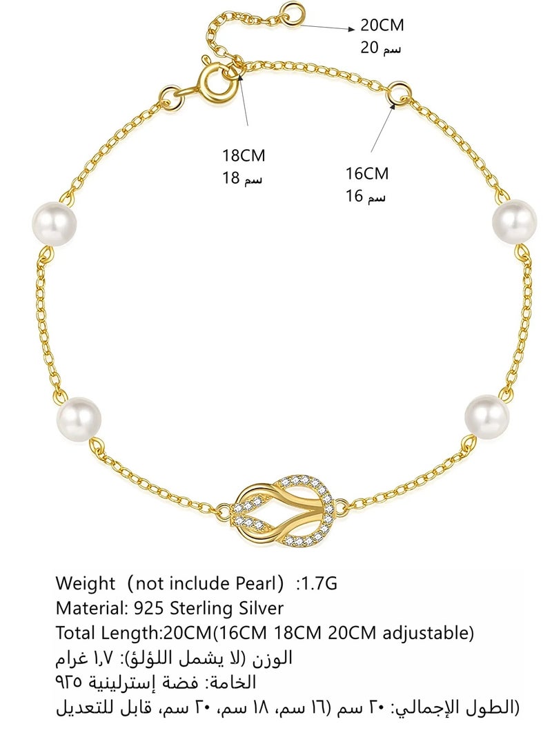 Moonmory 925 Sterling Silver Double Knot Guardian Buckle Bracelet For Women 18K Gold Plated Original Design Simple Pearl Bracelet With Clear Zircon  20CM Adjustable Chain Ramadan, Mother's Day, Valentine's Day Gift - Image 2