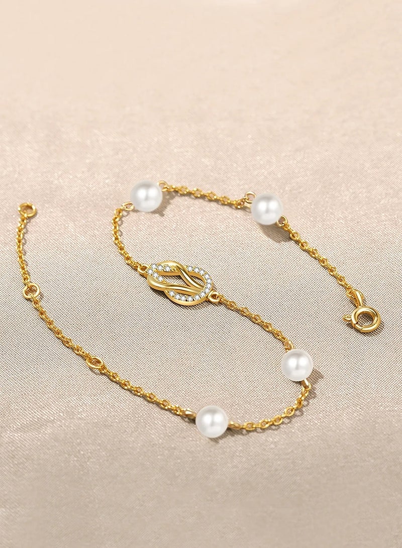 Moonmory 925 Sterling Silver Double Knot Guardian Buckle Bracelet For Women 18K Gold Plated Original Design Simple Pearl Bracelet With Clear Zircon  20CM Adjustable Chain Ramadan, Mother's Day, Valentine's Day Gift - Image 4