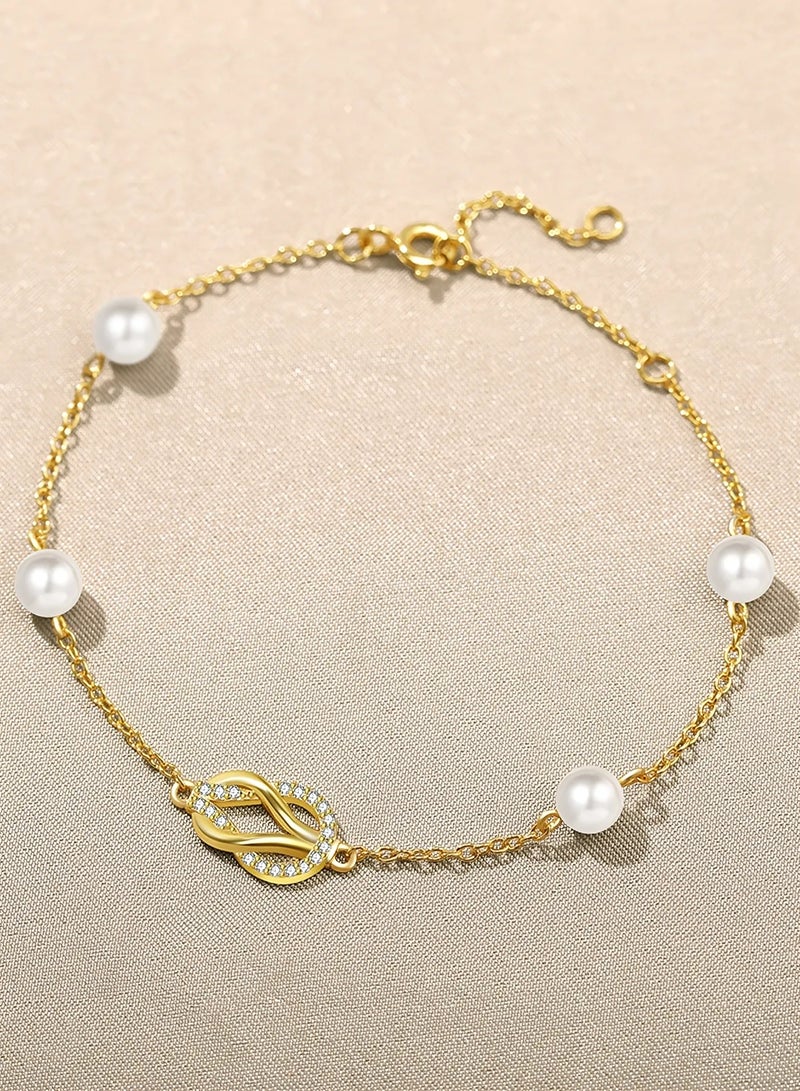 Moonmory 925 Sterling Silver Double Knot Guardian Buckle Bracelet For Women 18K Gold Plated Original Design Simple Pearl Bracelet With Clear Zircon  20CM Adjustable Chain Ramadan, Mother's Day, Valentine's Day Gift - Image 3