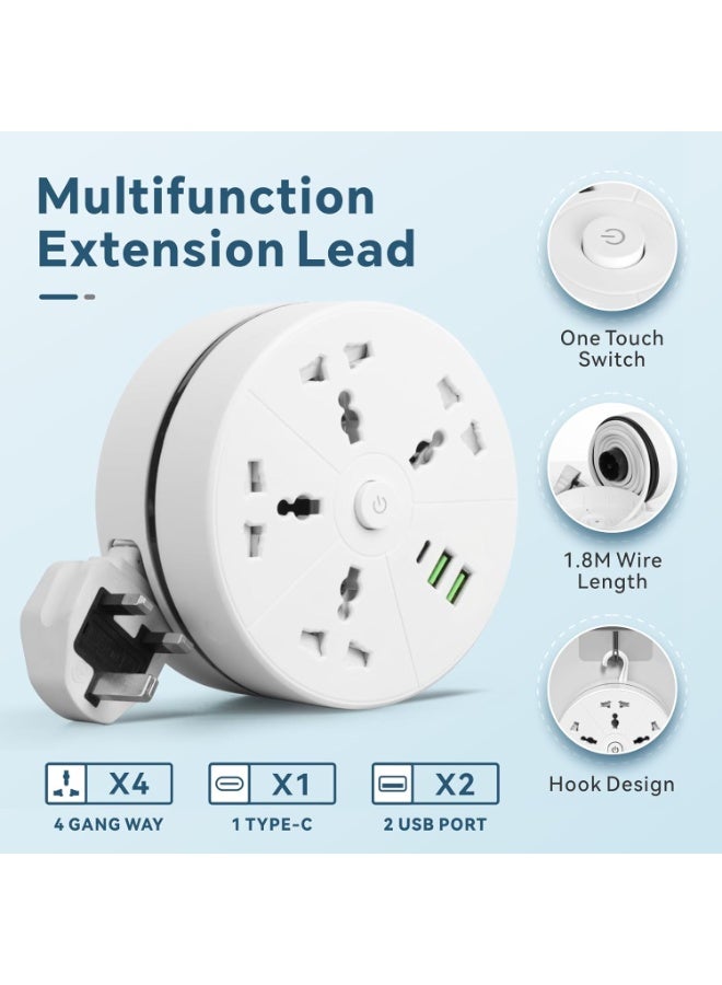 Baytion Retractable Power Strip Surge Protector with 4 Universal AC Outlets, 2 USB Ports and 1 Type-C Slot,Extension Cord with 2500W/10A 2Meters for Bedroom,Living Room,Office - Image 2