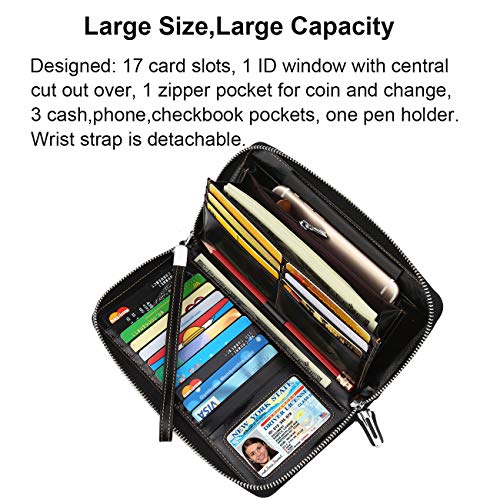 Lavemi Women's RFID Blocking 100% Leather Large Capacity Zip Around Wallet Phone Holder Clutch Travel Purse Wristlet(Large Size Black) - Image 3