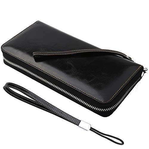 Lavemi Women's RFID Blocking 100% Leather Large Capacity Zip Around Wallet Phone Holder Clutch Travel Purse Wristlet(Large Size Black) - Image 1