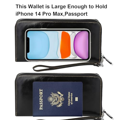 Lavemi Women's RFID Blocking 100% Leather Large Capacity Zip Around Wallet Phone Holder Clutch Travel Purse Wristlet(Large Size Black) - Image 5