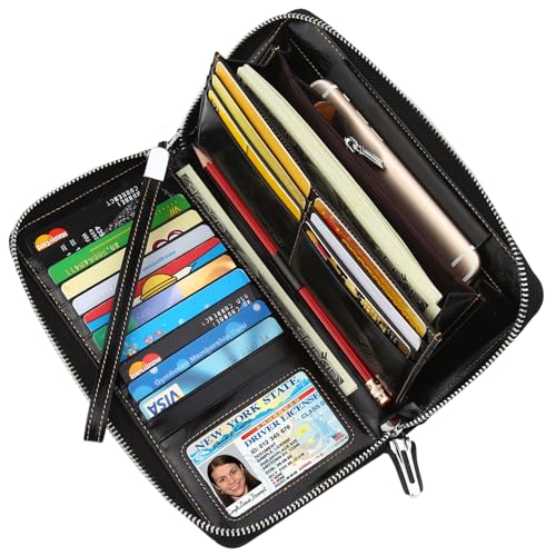 Lavemi Women's RFID Blocking 100% Leather Large Capacity Zip Around Wallet Phone Holder Clutch Travel Purse Wristlet(Large Size Black) - Image 2