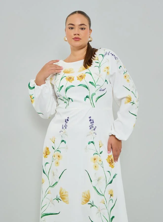 Styli Plus Size Floral Print Balloon Sleeves A-Line Maxi Dress