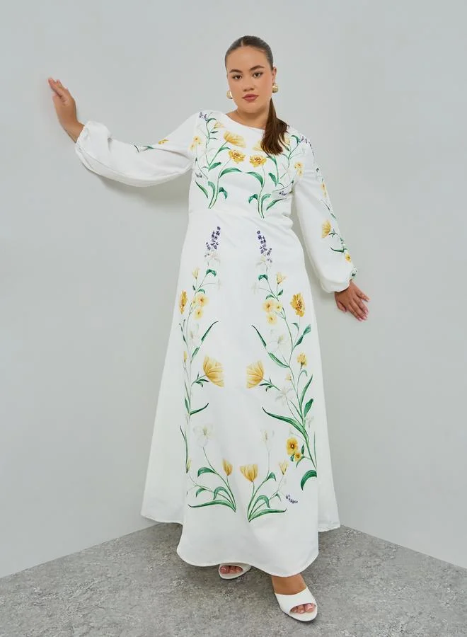 Styli Plus Size Floral Print Balloon Sleeves A-Line Maxi Dress