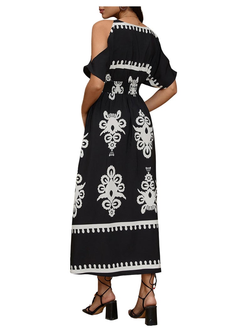 Verdusa Women's Summer Vacation Beach Dress Hawaiian Maxi Dresses Tropical Cold Shoulder Sundress Cruise Outfits 2026 Black Multi Medium - Image 2