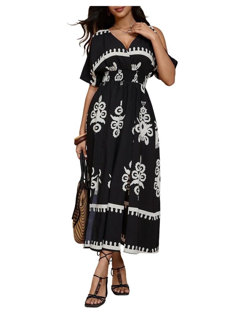Verdusa Women's Summer Vacation Beach Dress Hawaiian Maxi Dresses Tropical Cold Shoulder Sundress Cruise Outfits 2026 Black Multi Medium - Image 4
