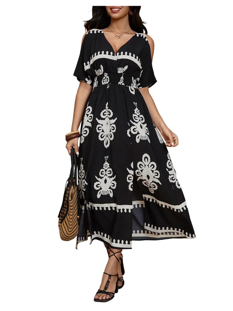 Verdusa Women's Summer Vacation Beach Dress Hawaiian Maxi Dresses Tropical Cold Shoulder Sundress Cruise Outfits 2026 Black Multi Medium - Image 1
