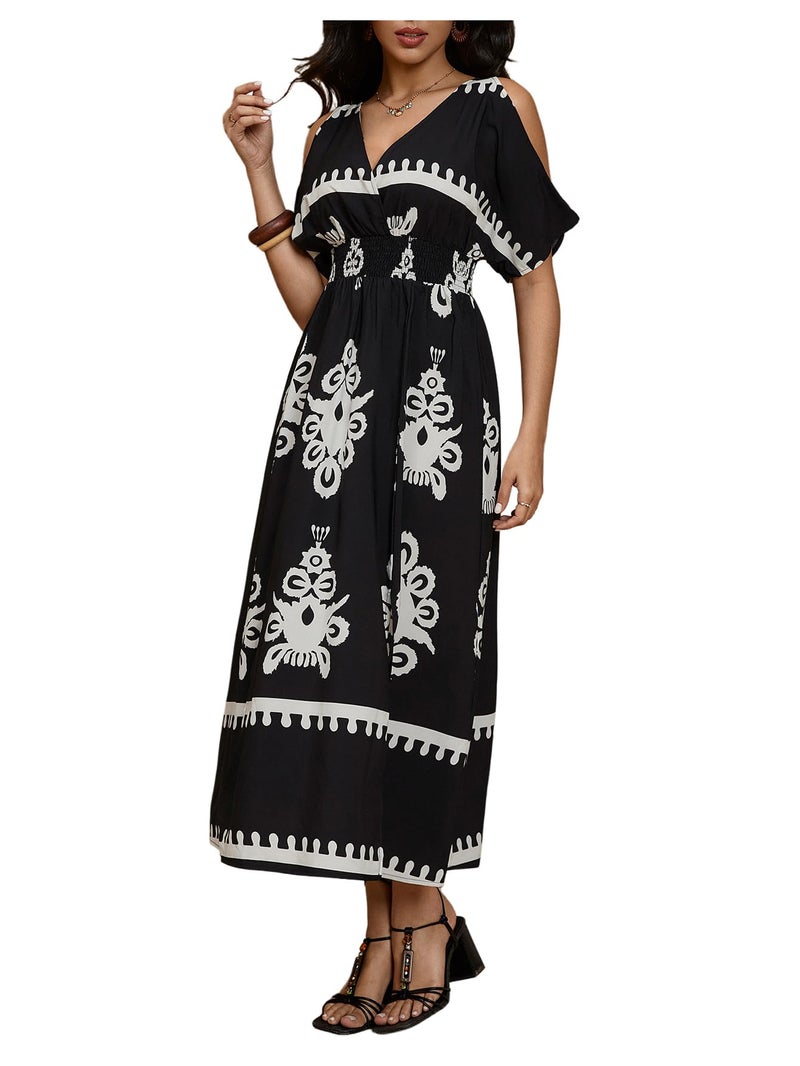 Verdusa Women's Summer Vacation Beach Dress Hawaiian Maxi Dresses Tropical Cold Shoulder Sundress Cruise Outfits 2026 Black Multi Medium - Image 5