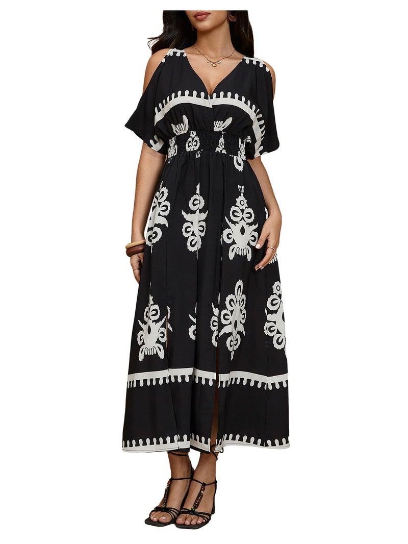 Verdusa Women's Summer Vacation Beach Dress Hawaiian Maxi Dresses Tropical Cold Shoulder Sundress Cruise Outfits 2026 Black Multi Medium - Image 3