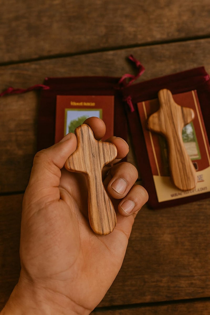 Zuluf Set of 2 Olive Wood Comfort Crosses 3.7" (9.5cm) – Handmade Wooden Cross My Heart, Confirmation Gift, Levitating Rustic Fidget Cross, Wood Crosses – With Certificates CRS125 - Image 2