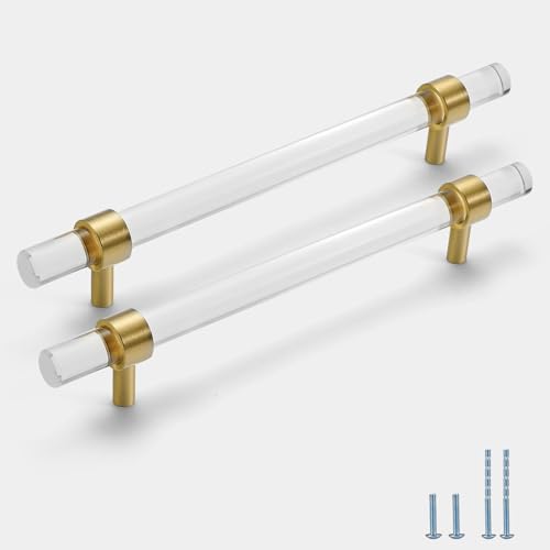Evionlin 6 pcs 8 45 in Acrylic Cabinet Handle Brass Base Crystal Pull Gold Kitchen Vanity Drawer Transparent Single Grain Modern Drawer Handles - Image 1