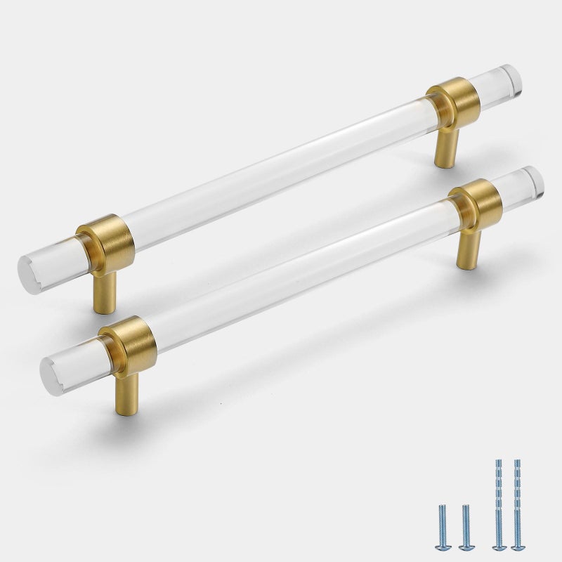 Evionlin 6 pcs 8 45 in Acrylic Cabinet Handle Brass Base Crystal Pull Gold Kitchen Vanity Drawer Transparent Single Grain Modern Drawer Handles - Image 2