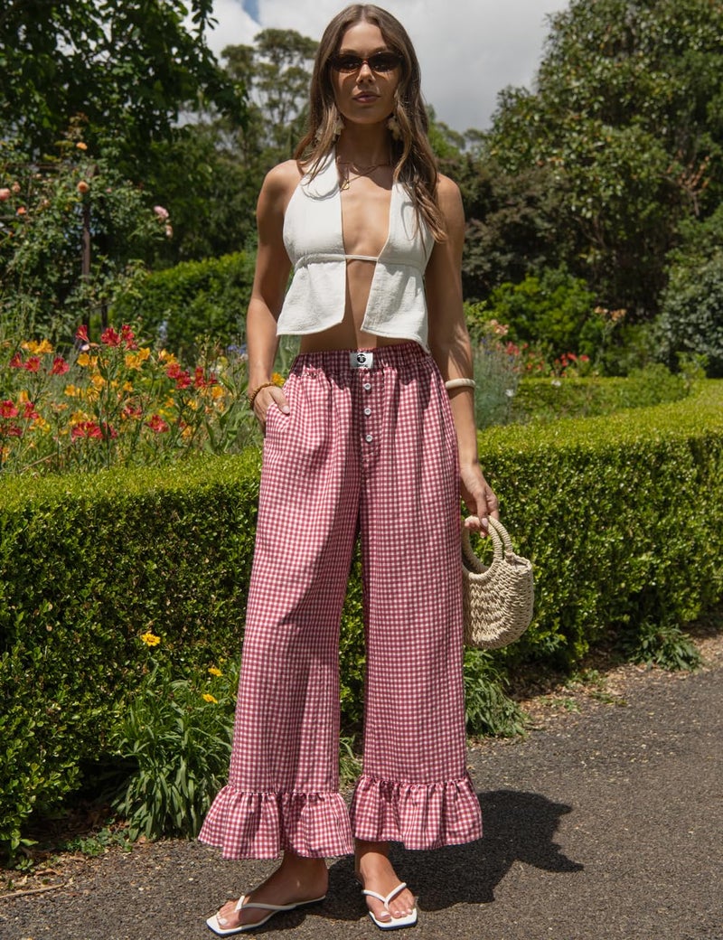 TARSE Womenâ€™s Plaid Wide Leg Pants Linen Flared Leg Baggy Drawstring Ruffle Palazzo Pants with Pockets(Redwhite, M) - Image 2