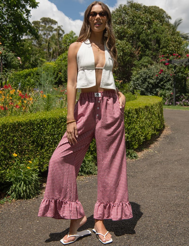 TARSE Womenâ€™s Plaid Wide Leg Pants Linen Flared Leg Baggy Drawstring Ruffle Palazzo Pants with Pockets(Redwhite, M) - Image 3