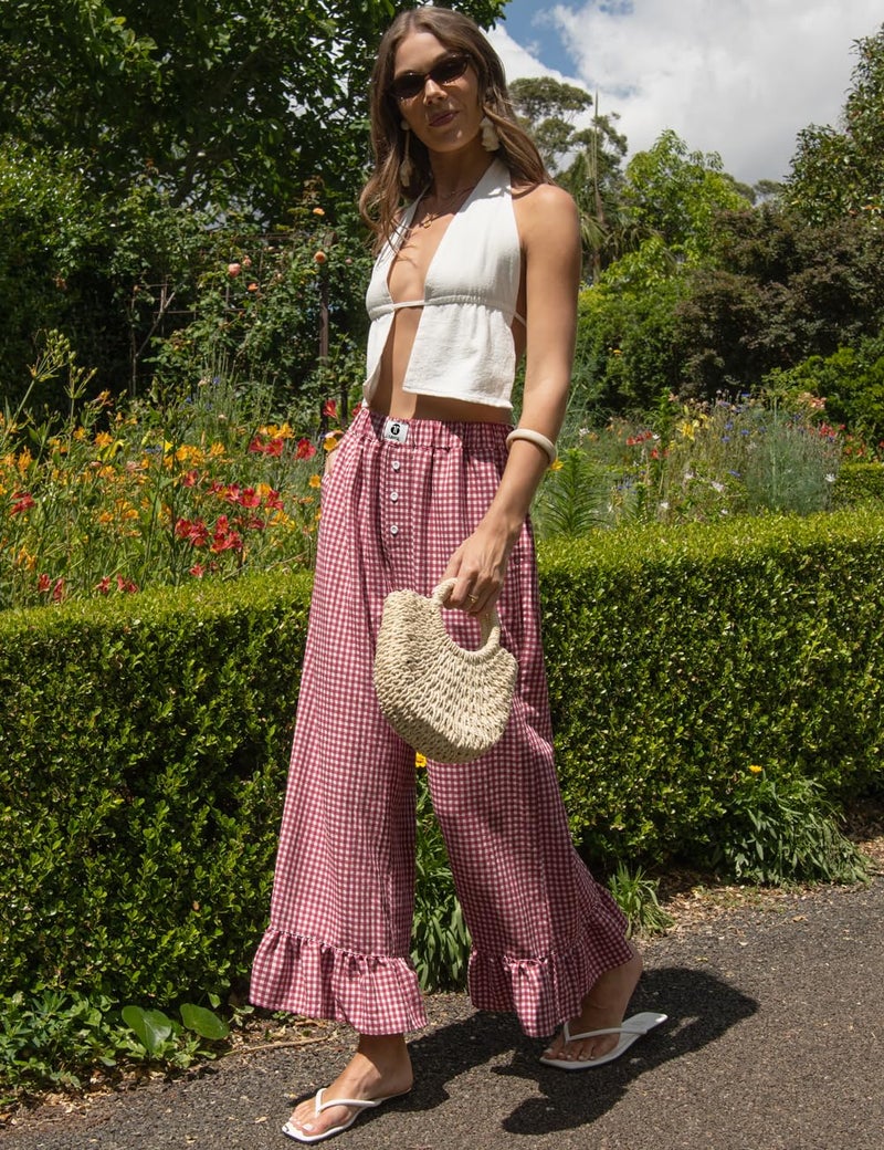 TARSE Womenâ€™s Plaid Wide Leg Pants Linen Flared Leg Baggy Drawstring Ruffle Palazzo Pants with Pockets(Redwhite, M) - Image 4