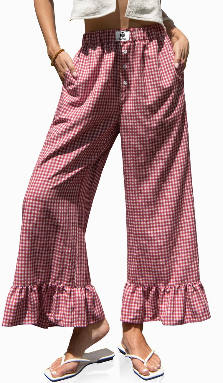 TARSE Womenâ€™s Plaid Wide Leg Pants Linen Flared Leg Baggy Drawstring Ruffle Palazzo Pants with Pockets(Redwhite, M) - Image 1