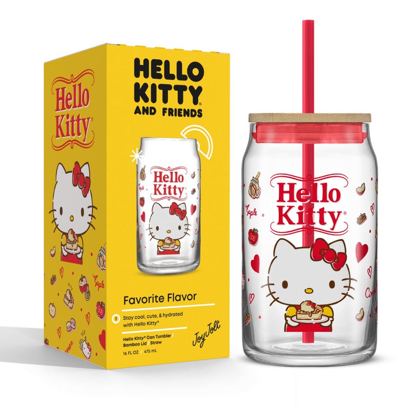 JoyJolt JoyJolt Sanrio Hello Kitty and Friends Favorite Flavor Glass Tumbler with Bamboo Lid and Straw  Leakproof 16oz Clear Soda Can Shaped Cup featuring Hello Kitty  Hello Kitty Merch  - Image 1