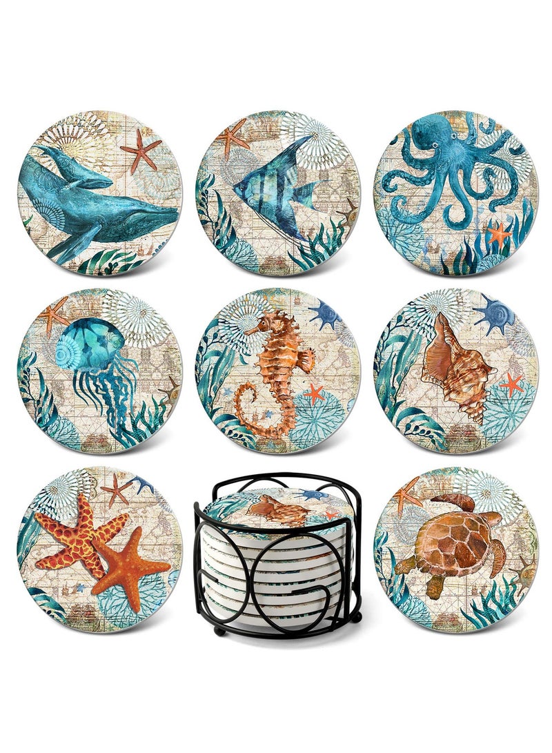 SYOSI Absorbent Cork Coaster Marine Style,cork Base with Holder,oastal Decor Beach Theme Tropical for Housewarming Apartment Kitchen Bar Decor, for Wooden Table Coffee Table,set of 8 - Image 1