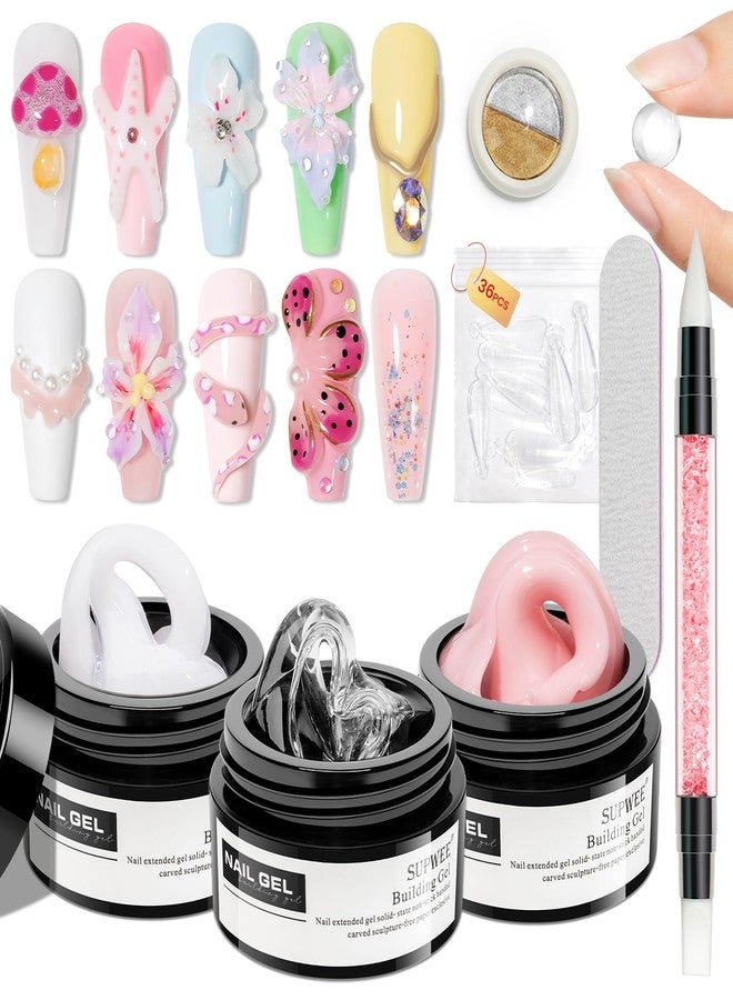 SUPWEE Solid Builder Gel for Nails Clear Nude White 3D Sculpture Nail Art Hard Gel with Chrome Powder for Carving Patterns Decoration Home Manicure DIY for Women - Image 1