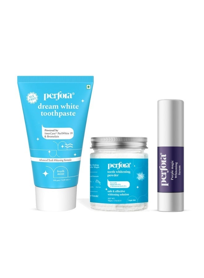 Perfora Perfect White Combo | Purple Magic Whitening Serum 30ML ,Teeth Whitening Powder 50g & Dream White Toothpaste 150g | v34 Colour Corrector for Teeth | Enamel Safe & Effective Teeth Whitener Solution |Pack Of 3 - Image 1
