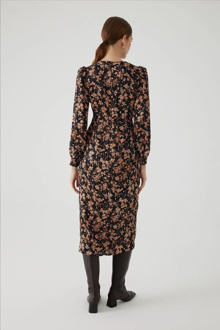 EXQUISE Floral Patterned V-Neck Waist-Fitting Midi Dress
