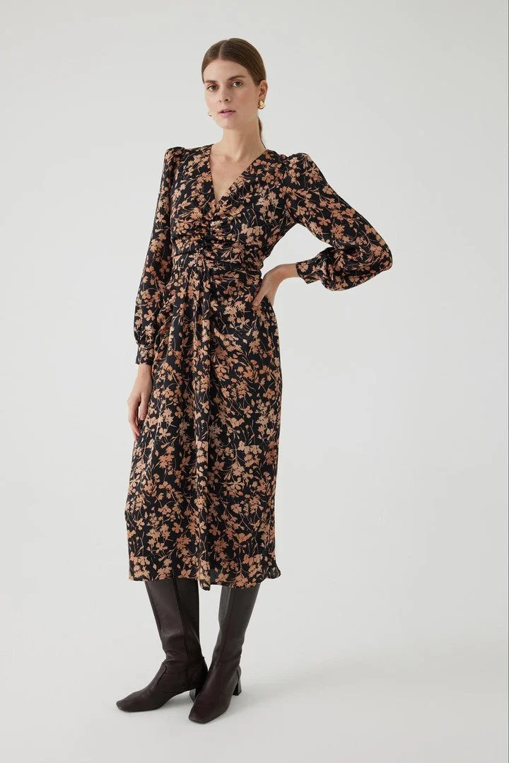 EXQUISE Floral Patterned V-Neck Waist-Fitting Midi Dress