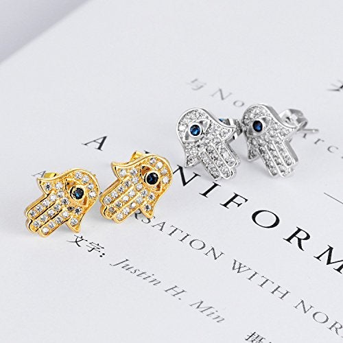 JAJAFOOK Hamsa Hand of Fatima Stud Earrings Zircon Evil Eye Post Earrings For Women, Silver/Gold Color - Image 2