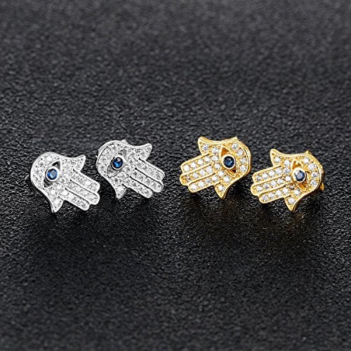 JAJAFOOK Hamsa Hand of Fatima Stud Earrings Zircon Evil Eye Post Earrings For Women, Silver/Gold Color - Image 3