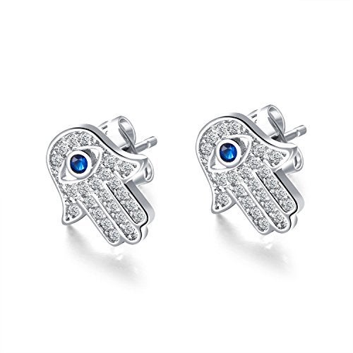 JAJAFOOK Hamsa Hand of Fatima Stud Earrings Zircon Evil Eye Post Earrings For Women, Silver/Gold Color - Image 1