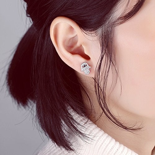 JAJAFOOK Hamsa Hand of Fatima Stud Earrings Zircon Evil Eye Post Earrings For Women, Silver/Gold Color - Image 4