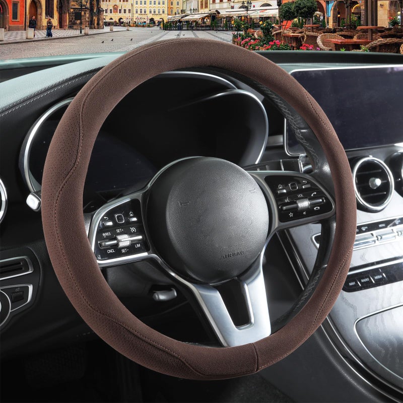 Binsheo Brown Suede Steering Wheel Cover Breathable NonSlip SweatProof WearResistant No Pilling Warm in Winter and Cool in Summer Universal 15 inch
