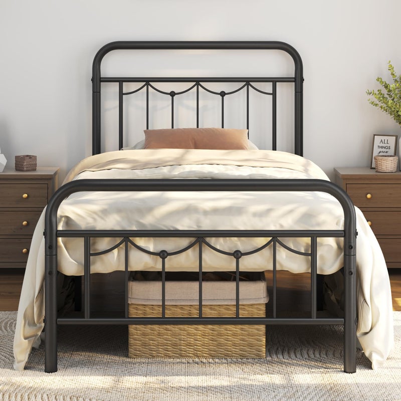 Yaheetech Twin Size Metal Bed Frames with Vintage Headboard and Footboard Farmhouse Metal Platform Bed Heavy Duty Steel Slat Support Ample UnderBed Storage No Box Spring Needed Black