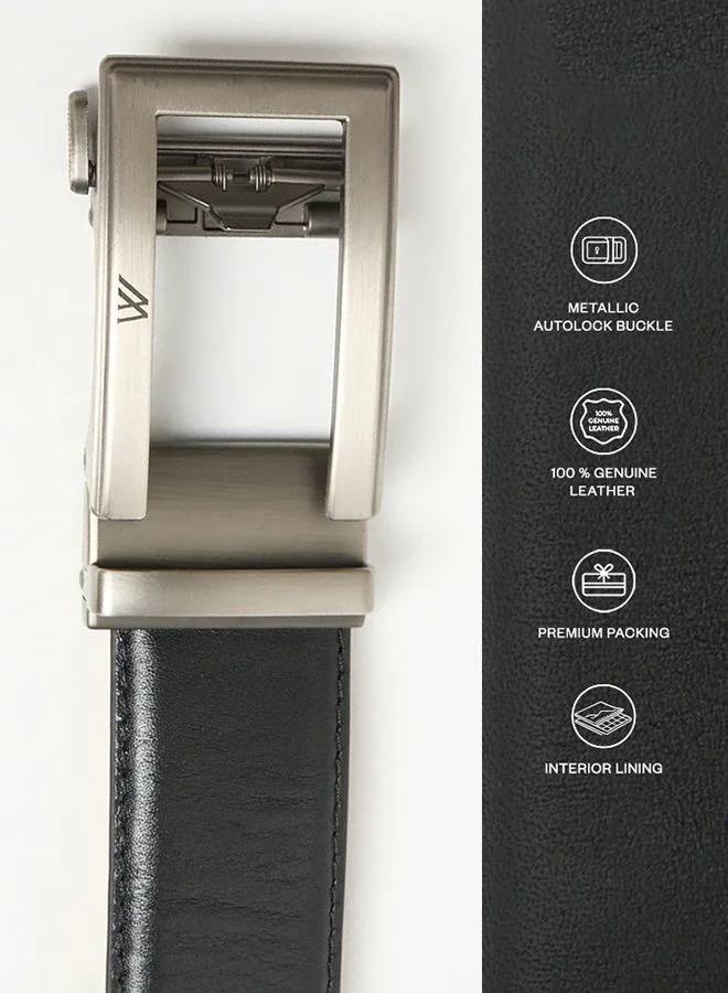 MANNERISM  The Helm Executive Auto-Lock Leather Belt Black with Tan Nubuck Lining for Men | Best Price UAE