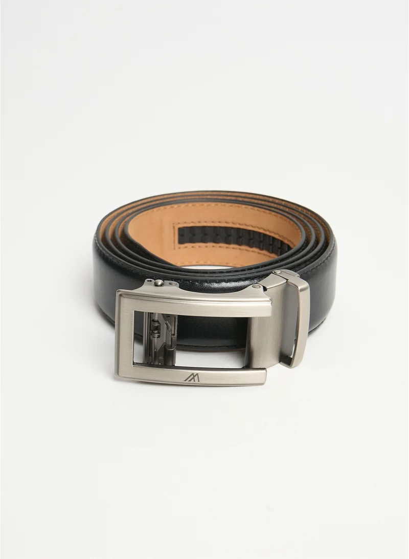 مانرزم The Helm Executive Auto-Lock Leather Belt Black with Tan Nubuck Lining