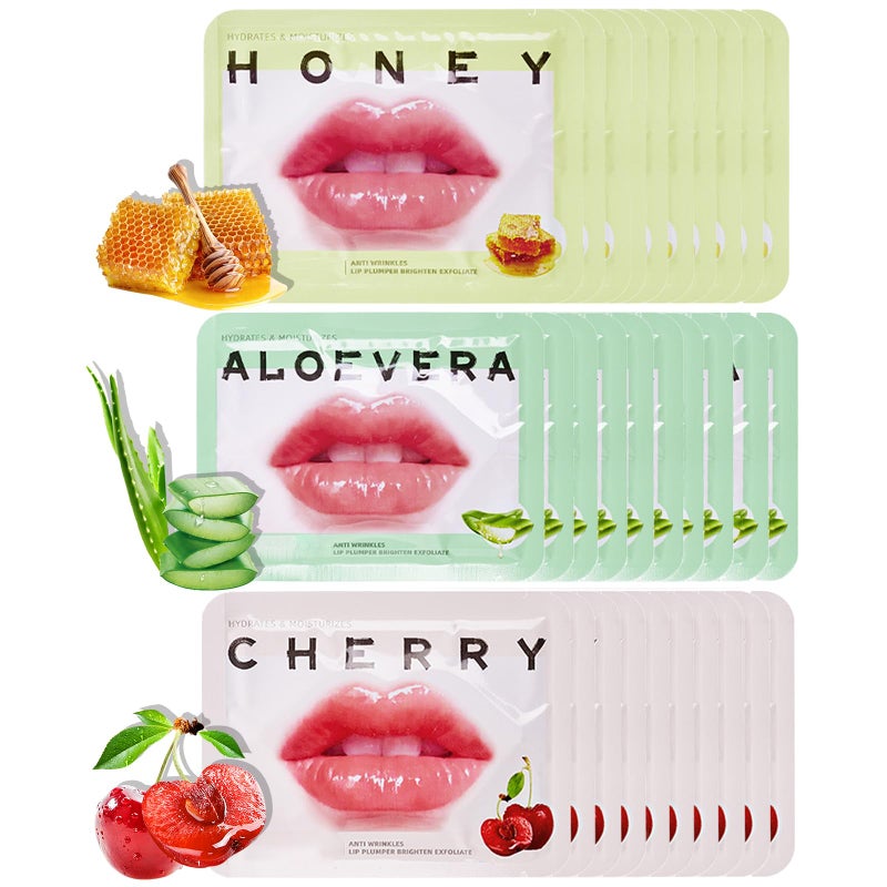 30 Pcs Collagen Crystal Lip Masks Honey Cherry Aloevera Lip Care Gel Pads Treatment Moisturizing Reducing Chapped AntiAging Wrinkles Lip Patches Remove Dead Skin