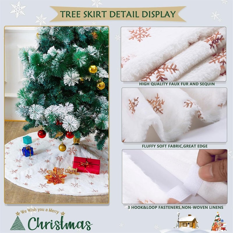 BCOOL White Tree Skirt Faux Fur Rose Gold Sequin Tree Skirts Small Christmas Tree Skirt Decoration 36inch Double Layers Tree Covers Shiny Tree Floor Mats Fireplace Tree Skirts Fluffy Tree Skirt - Image 3