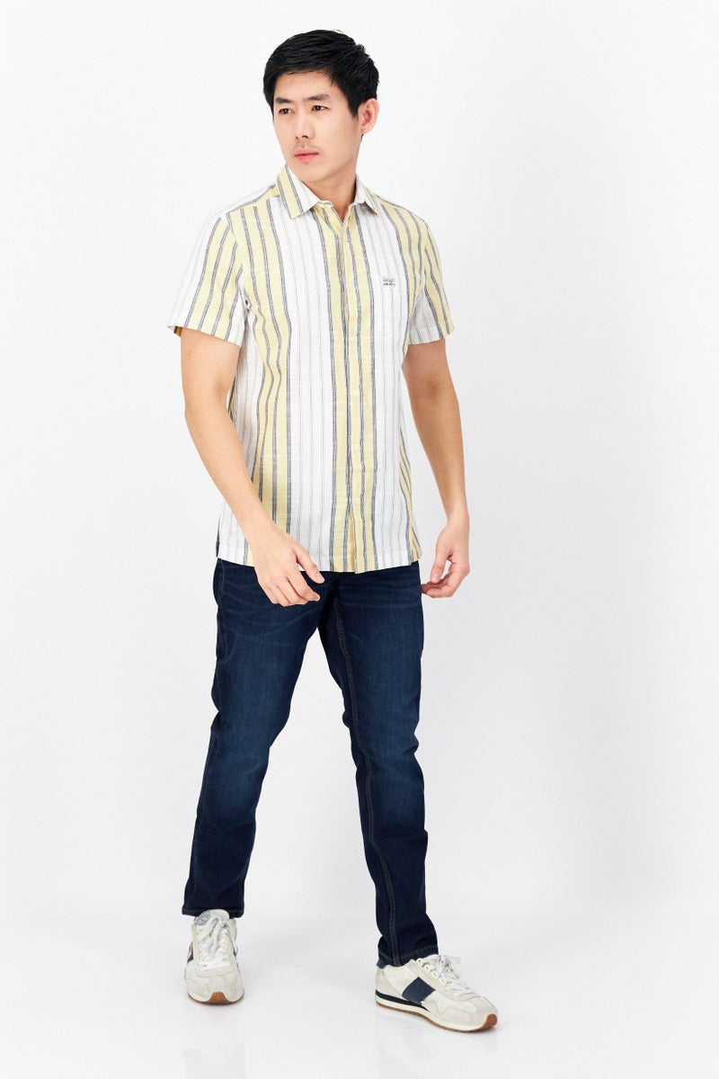 PERRY ELLIS Men Regular Fit Stripe Short Sleeves Casual Shirt, White - Image 3