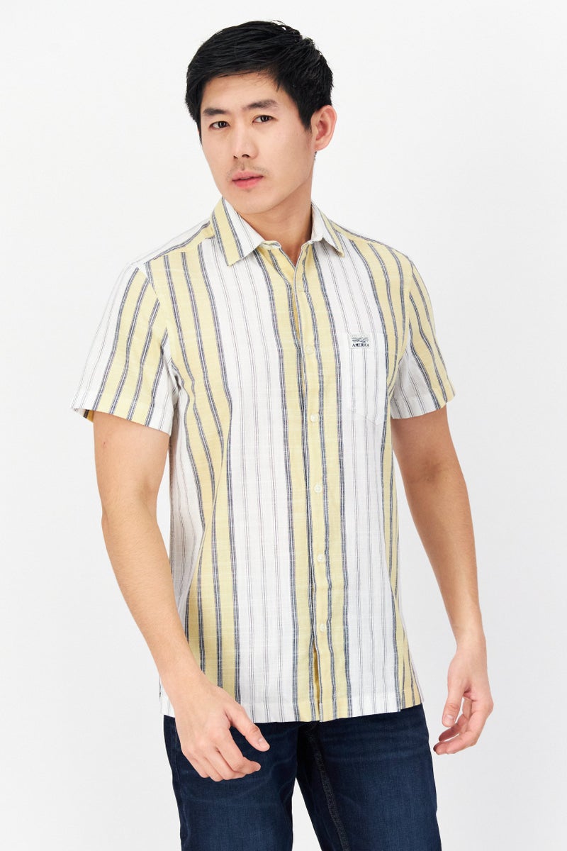 PERRY ELLIS Men Regular Fit Stripe Short Sleeves Casual Shirt, White - Image 1