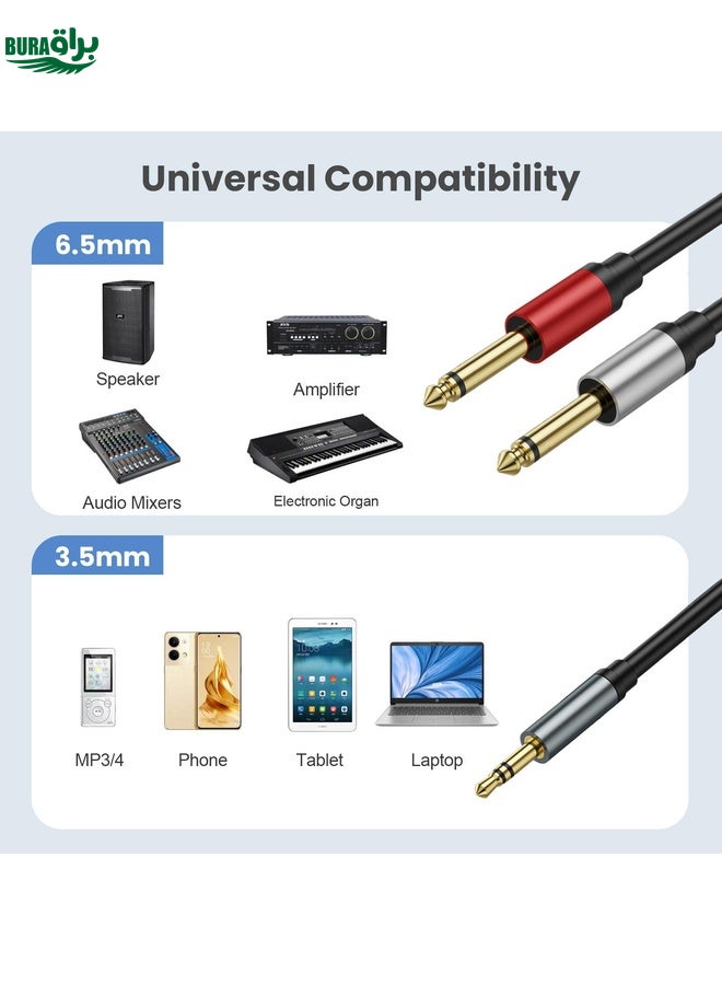 BURAQ 0.3m Gold Plated 3.5mm TRS Stereo to Dual 6.35mm TS Mono Y Splitter Adapter Audio Cable(Black) - Image 4