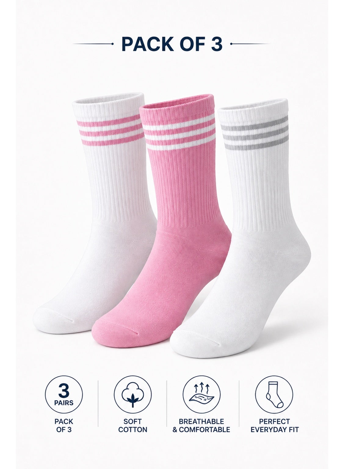 victor and jane Girls 3 Pairs Crew Length Sports Socks
