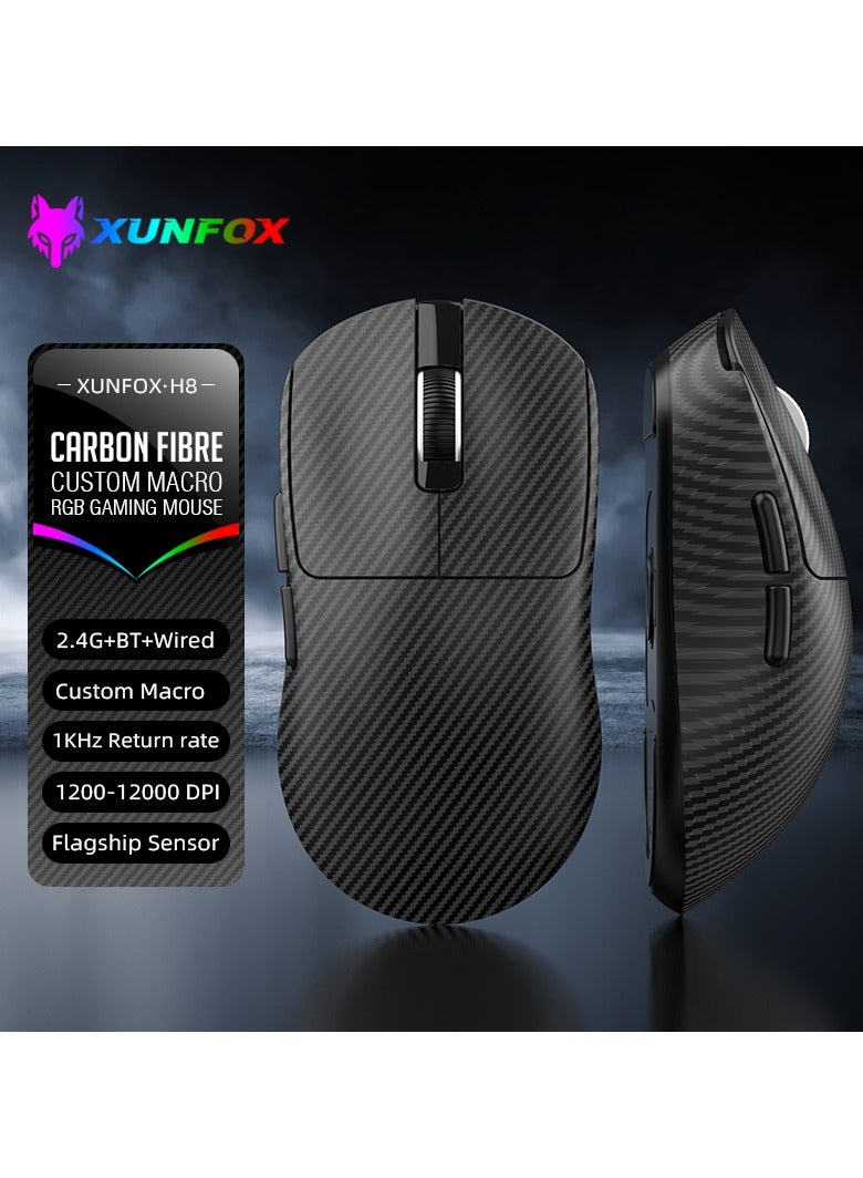 XunFox H8 Tri-Mode Wireless Gaming Mouse – 2.4G, Bluetooth & Wired – Ultra-Lightweight 59g – Adjustable 12,000 DPI – 4-Tier Polling Rate – Long Battery Life – Ergonomic RGB Mouse for PC, Mac, Laptop (Carbon Fiber) - Image 1