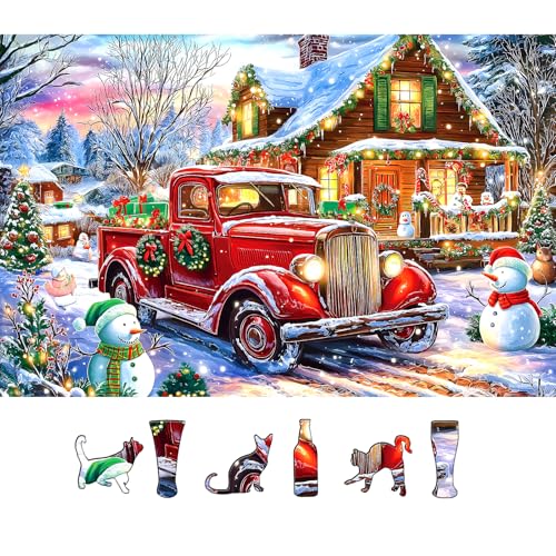 Blueforest 500 Piece Puzzles for Adults Christmas Winter Wonderland Village Cabin Scene with Vintage Truck Snowman Cozy Cabin at Country Night Festive Jigsaw Puzzle Holiday Lights Festive Gifts for Family - Image 1