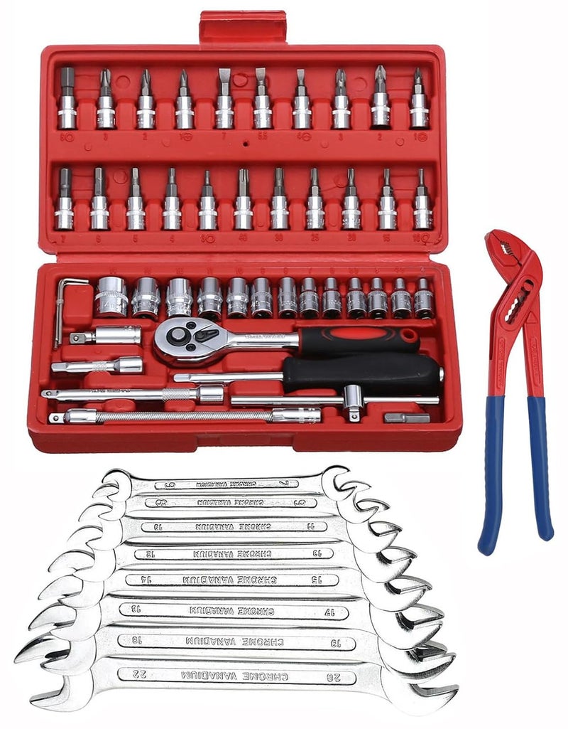 Digital Craft Hand Tool Kit Car Ratchet Wrench Assembly Tool Household Repair Tools Automotive Set Socket Set 46Pc8Pc Double Open Spanner SetWater Pump Plier - Image 1