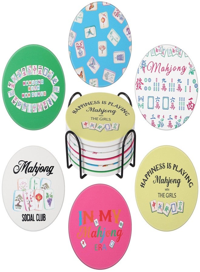 Suttmin 6 Pcs Mahjong Themed Coasters with Holder Ceramic Absorbent Funny Coaster for Housewarming Home Decoration Coffee Table Protection - Image 1